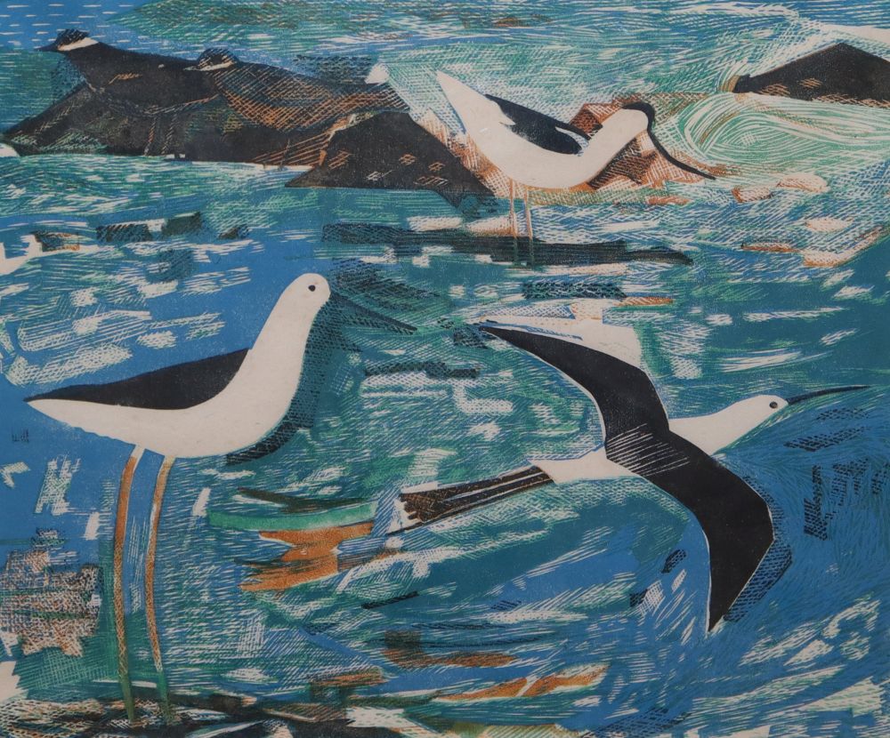 Rupert Shepherd, colour woodcut, artist proof, Avocets in a landscape, signed in pencil, 40 x 47cm, unframed